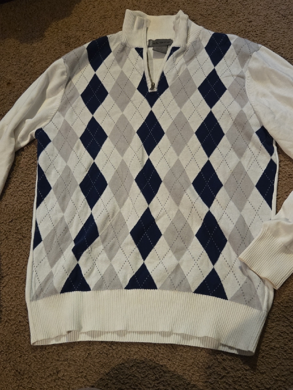 Vintage Y2k Park Slope Men's White Argyle Quarter-Zip Sweater Cotton